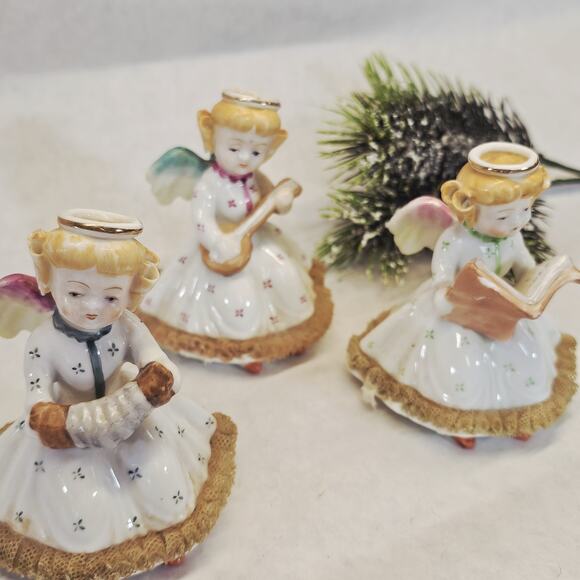 3 Vintage Christmas Angels Figurines Instruments Ucagco Japan Netting Trim - Picture 12 of 13